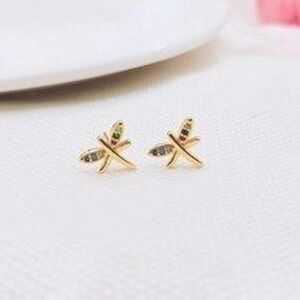 18K Gold Plated Dragonfly Stud Earrings Multicolor Cubic Zirconia Nature Jewelry